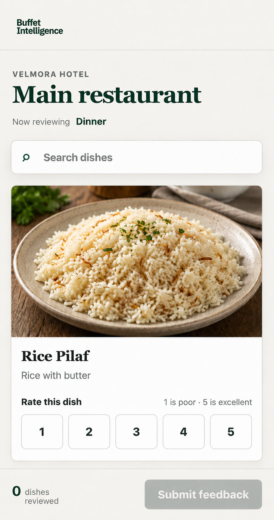 Mobile guest review page for dinner at the Main restaurant, showing a Rice Pilaf rating control
