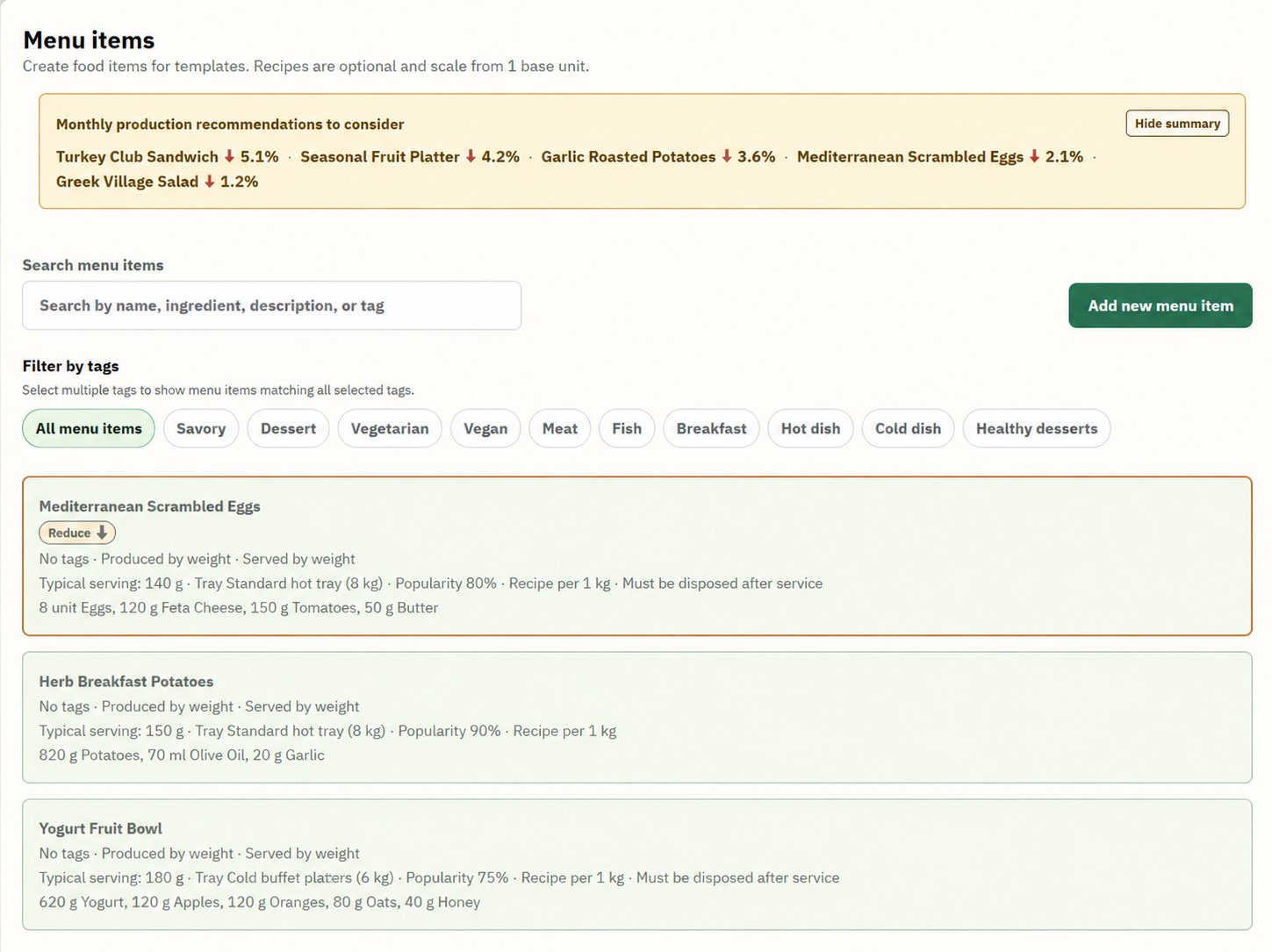 Menu Items view with searchable recipes, production and serving details, and a monthly production recommendation summary