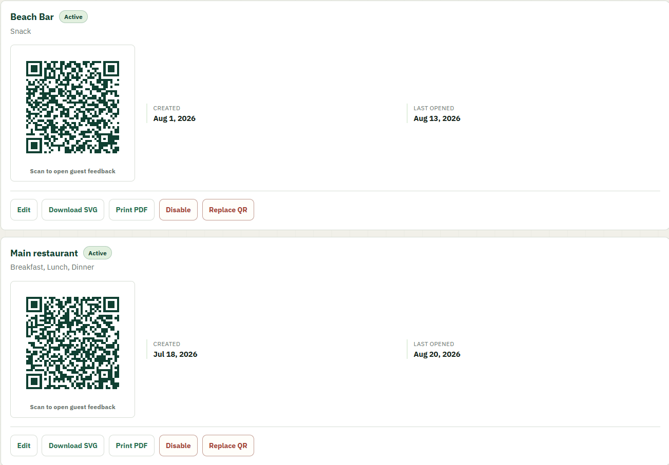 QR code management showing active access points for the Beach Bar and Main restaurant, with service scope and management controls
