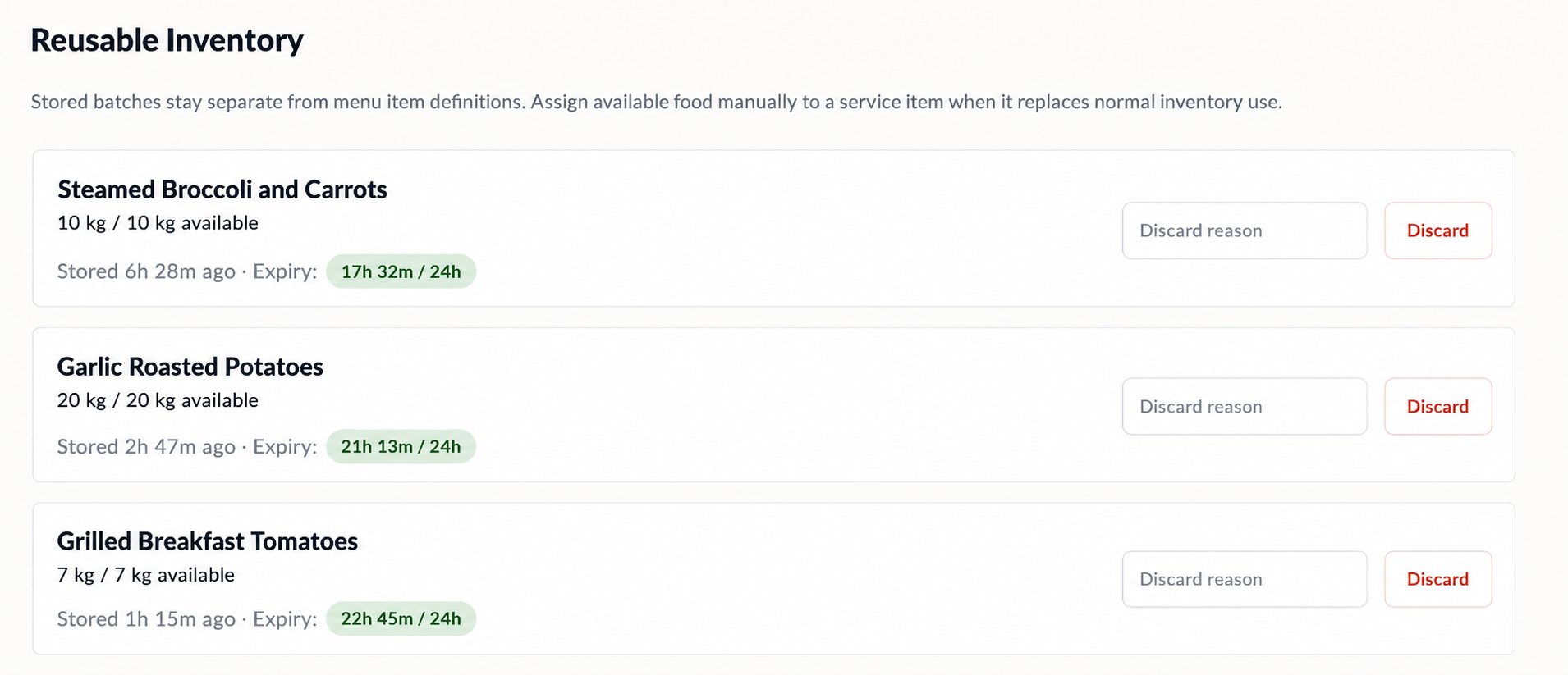 Reusable Inventory showing stored food batches, available quantities, storage age, and expiry time remaining