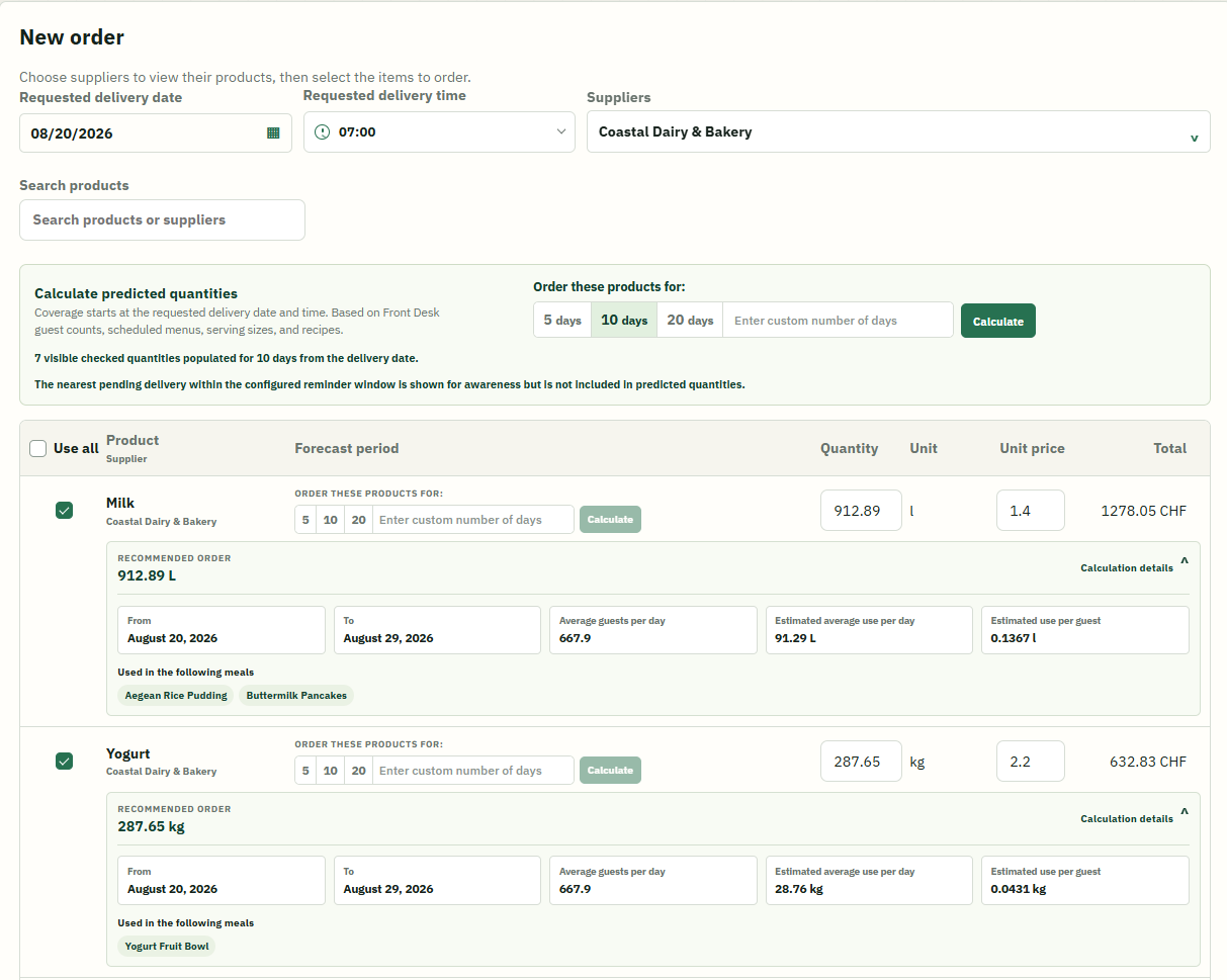 New order screen showing a scheduled supplier order, 5, 10, 20 and custom-day quantity calculations, editable quantities and prices, and calculation details for each product